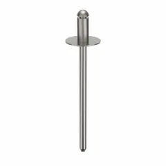 Large flange blind rivet with 0.122-inch diameter and 1 52/97-inch overall length. Body length is 1/4 inch, overall length 1 17/32 inches. Plain finish. Supplied in a 500-piece pack. Used for fastening materials where access is limited to one side, distributing load over a wider area.
