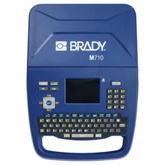 2-inch portable label printer with 300 dpi printhead resolution, no wireless connectivity. Includes battery, Brady Workstation Basic Design Suite, drivers, and a white indoor/outdoor vinyl label roll (M7C-1000-595-WT). Used for on-site identification labeling in industrial environments, such as asset tagging, cable marking, and safety signage.