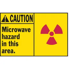 Polyester adhesive sign with nominal size 3 1/2 in x 5 in and 0.01 in thickness. Supplied in a 5-pack. Not retroreflective and does not glow in the dark. Used to warn personnel of microwave hazards in areas such as laboratories, kitchens, or industrial facilities.