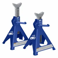 OTC S04 ratcheting jack stands with 4-ton load capacity, square steel base, and V-notch saddle. Adjustable height from 15 1/2 in to 23 3/4 in. Sold as a pair. Used for supporting vehicles and equipment during maintenance or repair