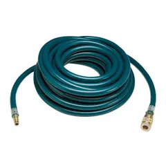 This SAR airline hose is constructed from polyester/polyvinyl material in green, with a 1/2 in inside diameter and 50 ft length. It features 1/2 in Quick-Connect Dixon fittings for secure attachment. Used to supply breathable air to supplied-air respirators in industrial environments such as painting, chemical handling, and confined-space operations.