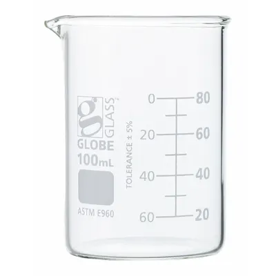 GLOBE SCIENTIFIC Beaker: 100 mL, 3.38 fl oz, A, Low Form, Type I, White - Color Coded Low Form Glass Beakers