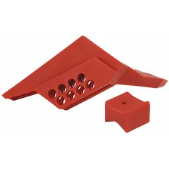 This wedge-style lockout device is designed for lever handle ball valves, accommodating pipe sizes from 1/4 in to 1 in. It enables secure isolation during maintenance as part of lockout/tagout procedures in industrial settings.