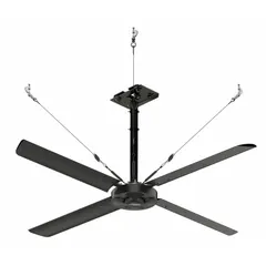 This HVLS ceiling fan from the ECO Series features an 8 ft blade diameter and operates on 480V AC three-phase power at 2 A. It offers variable speed control and is finished in silver. Suitable for large commercial and industrial spaces requiring high-volume air movement.