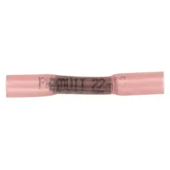 PANDUIT BSH18-Q is a red insulated butt splice connector with heat shrink, rated for 600 V and wire sizes 22 AWG to 18 AWG. It is used to join two wires end-to-end in electrical wiring applications, providing insulation and strain relief. The heat-shrink tubing offers environmental sealing after installation. Pack quantity is 25.