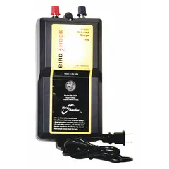 This track charger powers bird-deterrent shock tracks on ledges, roofs, and signs. It operates on 110 V AC input and delivers 9,000V output to repel pest birds without harming them. Suitable for commercial and industrial facilities.