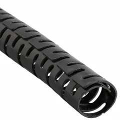 This split harness wrap is made of black polyethylene and is abrasion resistant, operating from -40°F to 122°F. It has a 3/4 inch inside diameter and is supplied in a 100-foot length. The split design allows installation over existing cables without disconnection, commonly used for organizing and protecting wire bundles in control panels, automotive wiring, and data centers.