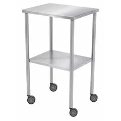 This fixed-height lab table features a stainless steel countertop and swivel casters for mobility. The corrosion-resistant surface is easy to clean, making it suitable for supporting instruments, microscopes, or equipment in laboratory environments.