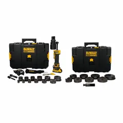 Cordless knockout punch system powered by a 20V DC, 2.0 Ah battery. Punches holes up to 4 in diameter in steel up to 10 ga max. thickness. Accepts 1/2 to 4 in dies. Kit includes one battery and one charger. Used for cutting holes in electrical enclosures, panelboards, and junction boxes for conduit and cable installations.