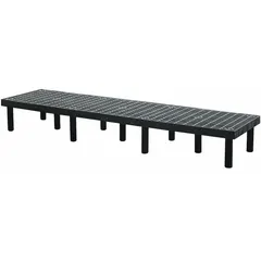 This assembled dunnage rack is constructed from black polyethylene using a snap-together method. It measures 12 inches by 24 inches by 96 inches and includes one shelf. Designed for organizing and protecting parts during transport or warehousing, the polyethylene resists moisture and chemicals.