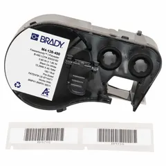 Thermal transfer precut label roll cartridge containing 180 rectangle labels, black on white, sized 19/32 in x 1 51/64 in. Compatible with M511 printer series. Designed for labeling vials and tubes from 1.0 to 8.0 mL in laboratory and pharmaceutical settings.