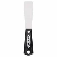 Standard spreading tool with a carbon steel straight blade and nylon handle. Full tang construction provides strength. Used for applying and smoothing putty, spackle, or filler in drywall repair and general building tasks.