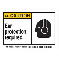 Polyester caution sign with adhesive mounting, indicating ear protection is required. Nominal size 3 1/2 in x 5 in, 0.01 in thick. Not retroreflective, not glow-in-the-dark, no anti-slip surface. Supplied in a 5-pack. Suitable for indoor use in areas where hearing protection is necessary