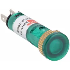 This LED indicator pilot light features a flush head design for low-profile panel mounting in a 5/16-inch diameter hole. It uses a 0.11-inch male quick disconnect terminal for electrical connection. Typical applications include use as a visual status indicator in industrial control panels and equipment, showing power, alarm, or operational status.