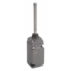This limit switch features a coil-spring wobble-stick actuator for on/off control in industrial machinery. It includes screw terminals for wiring and two mounting holes for secure installation. Typical applications include position detection on conveyors, packaging equipment, and automated assembly lines.