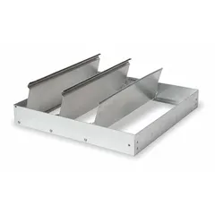 Backdraft damper for 24-inch nominal duct diameter, single panel design with flat blade. Supports horizontal airflow direction and horizontal mounting. Aluminum body measures 23.75 inches square with 4.5-inch depth. Maximum air velocity 2000 fpm. Used in ventilation systems to prevent reverse airflow.