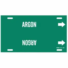 Green pipe marker with white legend reading 'Argon' and directional arrows. Strap-on type fits pipe outer diameters of 8 to 9-7/8 inches. Used to identify argon gas lines in industrial piping systems for clear visual indication.