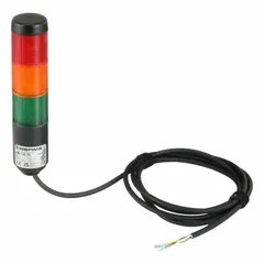 Three-tier tower light assembly with green, red, and yellow steady light tiers. Operates on 24V AC/DC and has a 175 mm overall height. No sounder tier included. Provides visual status indication for machine states such as running, warning, and fault in industrial environments.