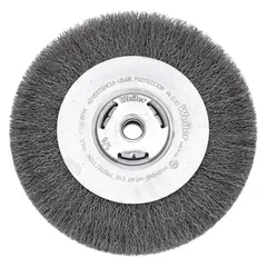 This WEILER light-cleaning brush features a crimped steel fill of 0.02 in, suitable for removing rust, scale, and light burrs from carbon steel surfaces without damaging the base material. With a 10 in diameter, 1 1/8 in width, and 2 in arbor, it is commonly used in maintenance, fabrication, and metalworking tasks.