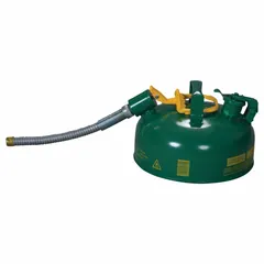 This EAGLE oil safety can has a 1 gal capacity and includes a 5/8 in OD hose. Finished in green, it is designed for storing and dispensing oil in industrial settings such as maintenance shops and manufacturing plants.