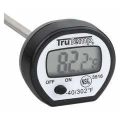 Stem-type digital thermometer with LCD display, 5 in overall length, and 1/8 in diameter stem. Accuracy ±3.5 °F, auto-off feature, metal-detectable plastic case and lens, NSF Certified. Suitable for food temperature testing in commercial kitchens and food processing.