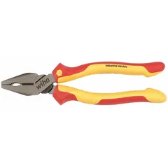Standard insulated lineman's pliers with flat jaw, 8 in overall length, 1 7/8 in jaw length, 1 1/8 in jaw width, and 5/8 in jaw thickness. Includes wire cutter and insulated handles for electrical work.
