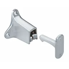 Door-mounted catch door holder with chrome finish. Holds door open at a preset position and releases automatically. Width 2 3/4 in, overall height 2 1/2 in. Suitable for commercial and industrial door applications.