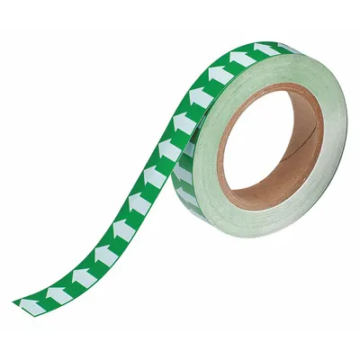 BRADY Pipe Marking Tape: Green, White, 1 in Wd, 90 ft Roll Lg, Vinyl, 1 in Roll Wd - Pipe Marker Directional Flow Arrow Banding Tape