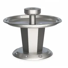 This BRADLEY Sentry series wash fountain features a circular stainless steel bowl with a central rising drain. It is operated by foot-activated push buttons, allowing multiple users to wash hands simultaneously without hand contact. The 54-inch overall width accommodates high-traffic commercial restrooms, schools, and industrial facilities. Not ADA compliant.