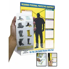 This poster communicates required personal protective equipment (PPE) instructions in industrial workplaces. It features a clear liquid laminate protective coating and is printed in English. Nominal sign size is 24 in x 18 in. Does not include a frame and does not support writing on the surface.