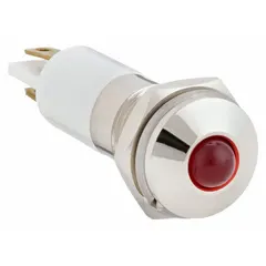 Red LED pilot light with raised head for 10 mm panel mounting hole. M10 thread. Electrical connection via 0.11 male quick disconnect. Used on industrial control panels and machinery to indicate power-on, alarm, or fault status.