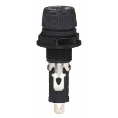 This 1-pole panel mount fuse holder accommodates 5 mm x 20 mm glass and ceramic cylindrical fuses. It features a knob cap style and 3/16 in quick-connect termination, rated for 16 A maximum at 250 V AC. Suitable for overcurrent protection in electrical panels and control equipment.