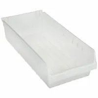 This clear plastic shelf bin is designed for organizing small parts, components, and tools on shelving in warehouses, workshops, and industrial facilities. Its clear finish allows quick visual identification of contents, and the nesting capability saves space when not in use. The bin measures 23 5/8 in overall length with a 11 1/8 in x 6 in footprint. It is not hangable and not electrostatic discharge conductive; dividers are not included