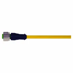 Single-ended cordset with a yellow PUR jacket designed for twisting applications. Features an M12 female straight connector on one end and bare wire on the other. Rated IP66K, with 5 pins, 22 AWG wire, 3 m cable length, and 4 A max current. Suitable for connecting sensors or actuators in industrial environments.