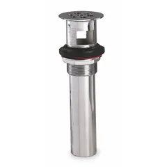 Brass sink drain assembly with flat strainer and chrome finish. Includes 1-1/4 in tailpiece and overflow. Overall height 8 5/8 in, diameter 2 1/4 in. Slip connection for use in standard sink openings.
