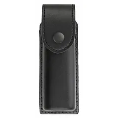 This holster is made of synthetic leather and features a snap closure for secure retention of pepper spray canisters. It provides a practical carry solution for personal safety equipment, suitable for security personnel or individuals requiring quick access to self-defense tools.