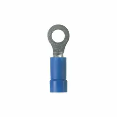 Vinyl-insulated ring terminal with #8 stud size, rated 600 V. Features funnel entry for easier wire insertion. Used for terminating wires to studs in electrical connections.
