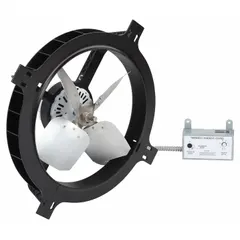 This gable-mount attic exhaust fan is powered by a standard-efficiency electric motor operating at 120V AC and 4 A. It delivers up to 1,650 cfm, suitable for attics up to 2,300 sq ft. The unit includes mounting brackets, a thermostat, and a humidistat for automatic temperature and humidity control. It does not include a shutter or fire safety shut-off.