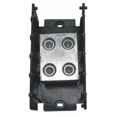Open power distribution block with lug-to-lug connections. Accepts line-side wire sizes from 6 AWG to 350 kcmil. Copper construction for surface mounting in industrial control panels and electrical distribution systems.