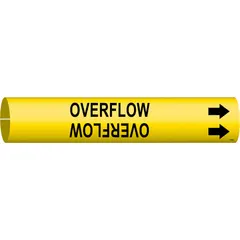 Yellow snap-on pipe marker with black 'Overflow' legend and directional arrows. Fits pipe outer diameters of 4 to 6 inches. Used to identify overflow piping in industrial facilities, supporting clear pipe labeling for safety and compliance.