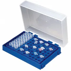 This blue polypropylene test tube rack holds up to 96 wells and is designed for benchtop use. It measures 3 1/2 in wide, 1 1/4 in high, and 5 in long. Commonly used in laboratories to organize and secure test tubes during experiments, storage, or transport.
