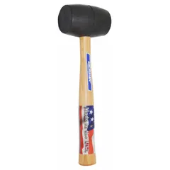 Round black rubber mallet with a wood handle. Head weight 20 oz, head length 4 in, diameter 2-1/4 in, overall length 11 in. Used for striking surfaces without marring in assembly, woodworking, and metalworking tasks.