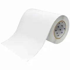 This continuous label roll is 8 inches wide by 100 feet long, made of white matte polyester with an inkjet print-receptive coating. Designed for indoor use, it is compatible with the J4000 printer series. Typical applications include asset tracking, equipment identification, and safety signage in industrial and facility management settings.