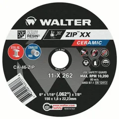 Type 1 ceramic cut-off wheel for carbon and stainless steel. Measures 6" diameter, 1/16" thickness, 7/8" arbor. Pack of 25. Suitable for fabrication and metalworking where cool cutting is required.