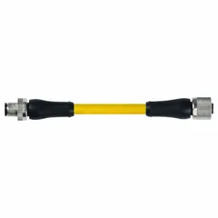 Double-ended cordset with M12 male straight and M12 female straight connectors, 4 pins, 5 m cable length, 14 AWG wire size, yellow TPE jacket, and IP66 rating. Suitable for heaviest-duty industrial applications requiring signal or power transmission in harsh environments.