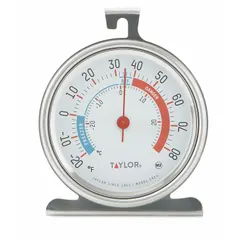 Analog thermometer for monitoring temperatures in refrigerators and freezers. Features a 3-inch dial, glass lens, and stainless steel case. Accuracy is below -20°F ±10°F. NSF certified for use in commercial food storage and preparation areas.