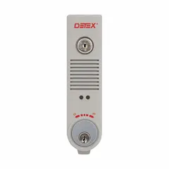 This standard door alarm is powered by a 9 V DC battery and features a mortise cylinder. It emits a 100 dB horn sound from a gray plastic body. Suitable for securing emergency exits and doors in industrial or commercial facilities.