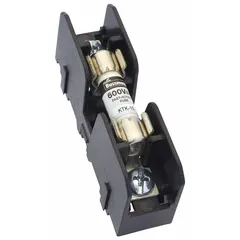 Open block design fuse block for midget fuses rated 600 V AC. Single pole with pressure plate and quick-connect terminals. Used in industrial control panels, motor protection circuits, and power distribution systems for secure fuse mounting and connection.
