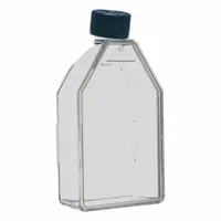This sterile polystyrene cell culture flask has a 55 mL (1.86 fl oz) capacity and is graduated for volume measurement. It includes a closure for contamination control. Used for growing and maintaining adherent cell lines in laboratory cell culture applications
