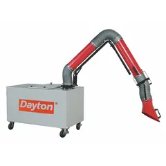 This mobile welding fume extractor captures airborne welding smoke, particulates, and fumes at the source. It features a single articulated arm for positioning near welding stations. Operates on 120V nominal input voltage.